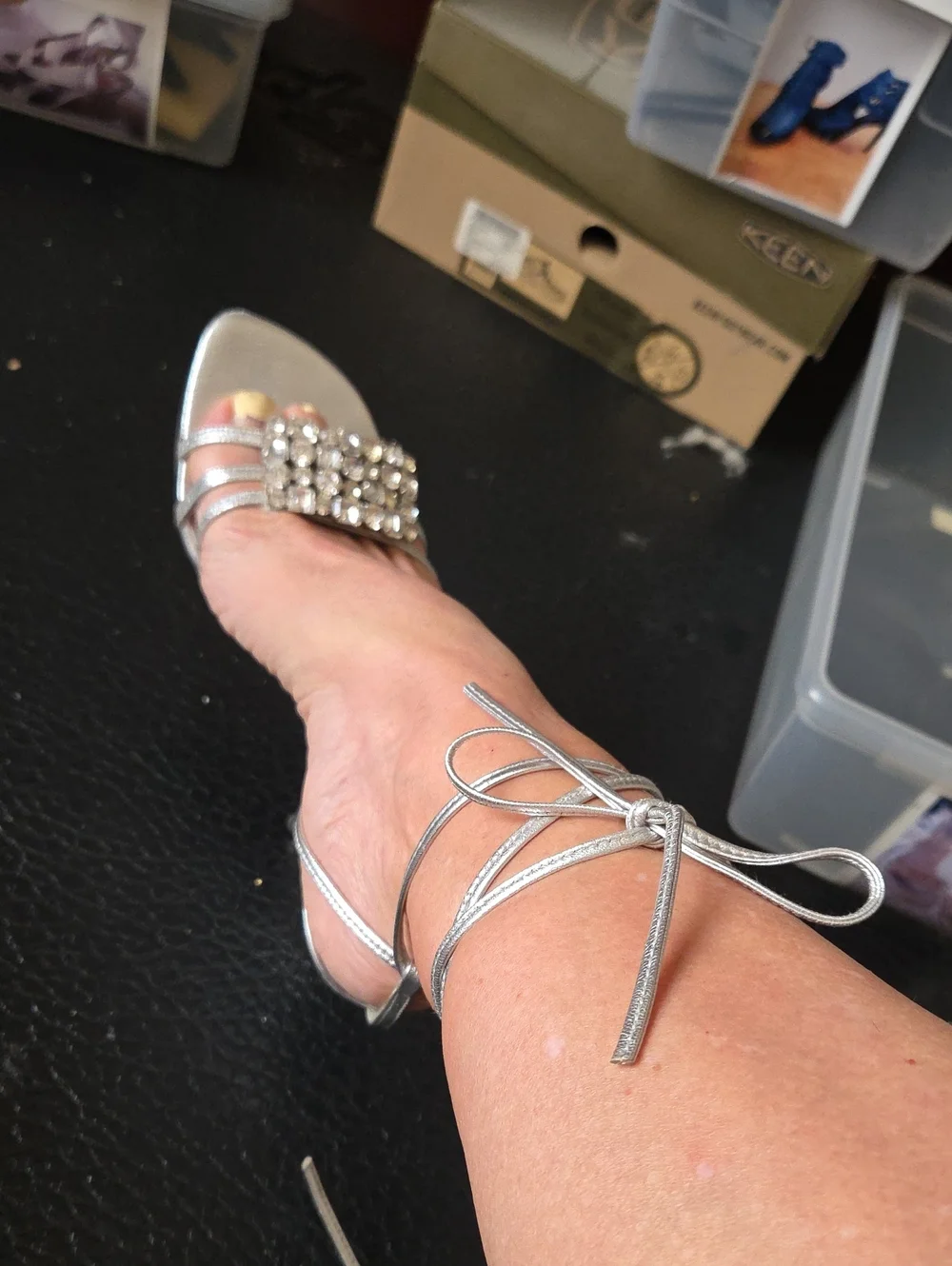 Stuart Weitzman Silver Crystal-Strap Ankle-Tie Heels